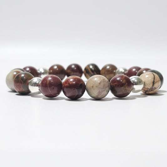 Earthy 10mm Picasso Jasper and silver plated Hematite bead stretch bracelet