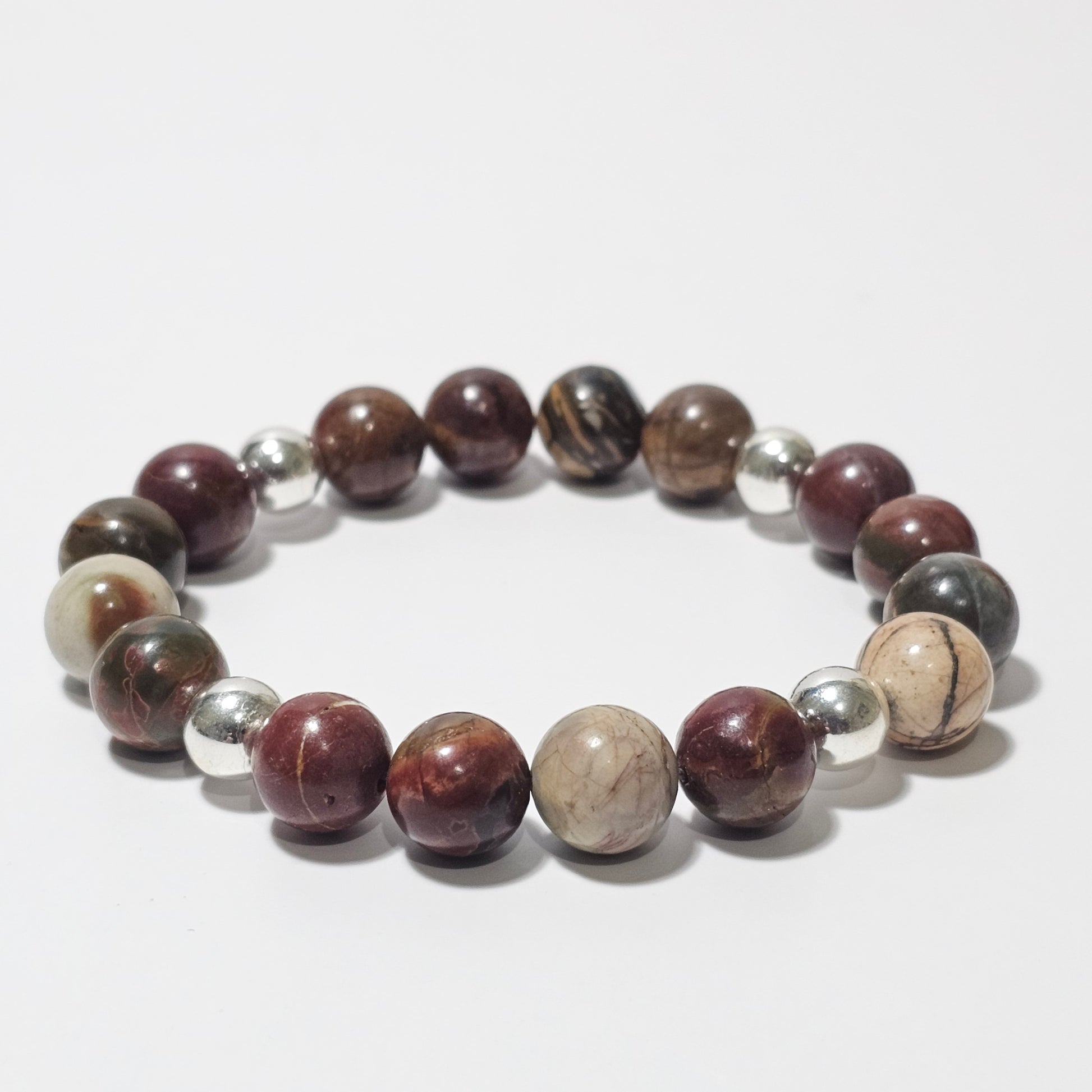 Earthy 10mm Picasso Jasper and silver plated Hematite bead stretch bracelet