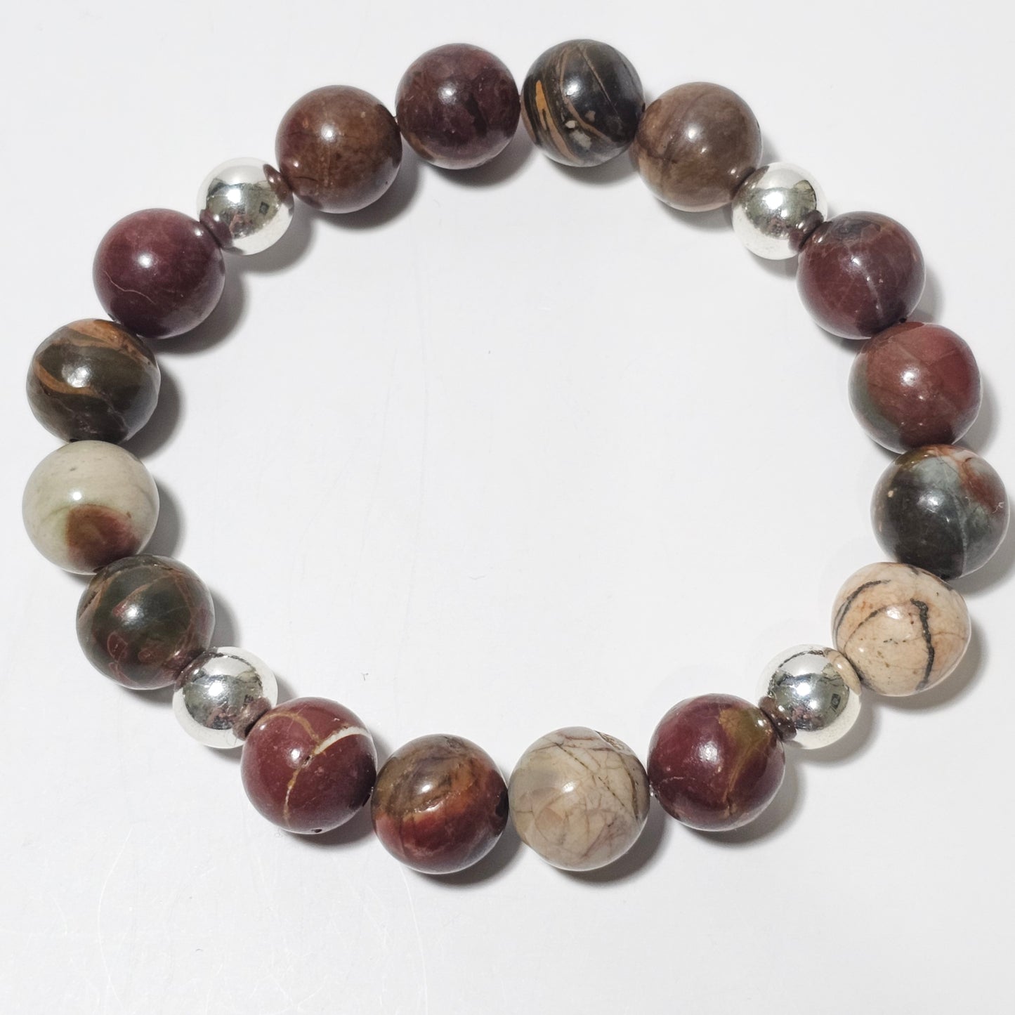 Earthy 10mm Picasso Jasper and silver plated Hematite bead stretch bracelet