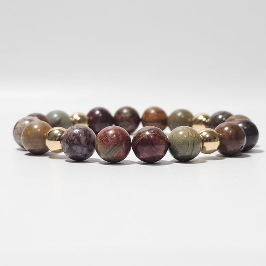 Earthy 10mm Picasso Jasper and gold plated Hematite bead stretch bracelet