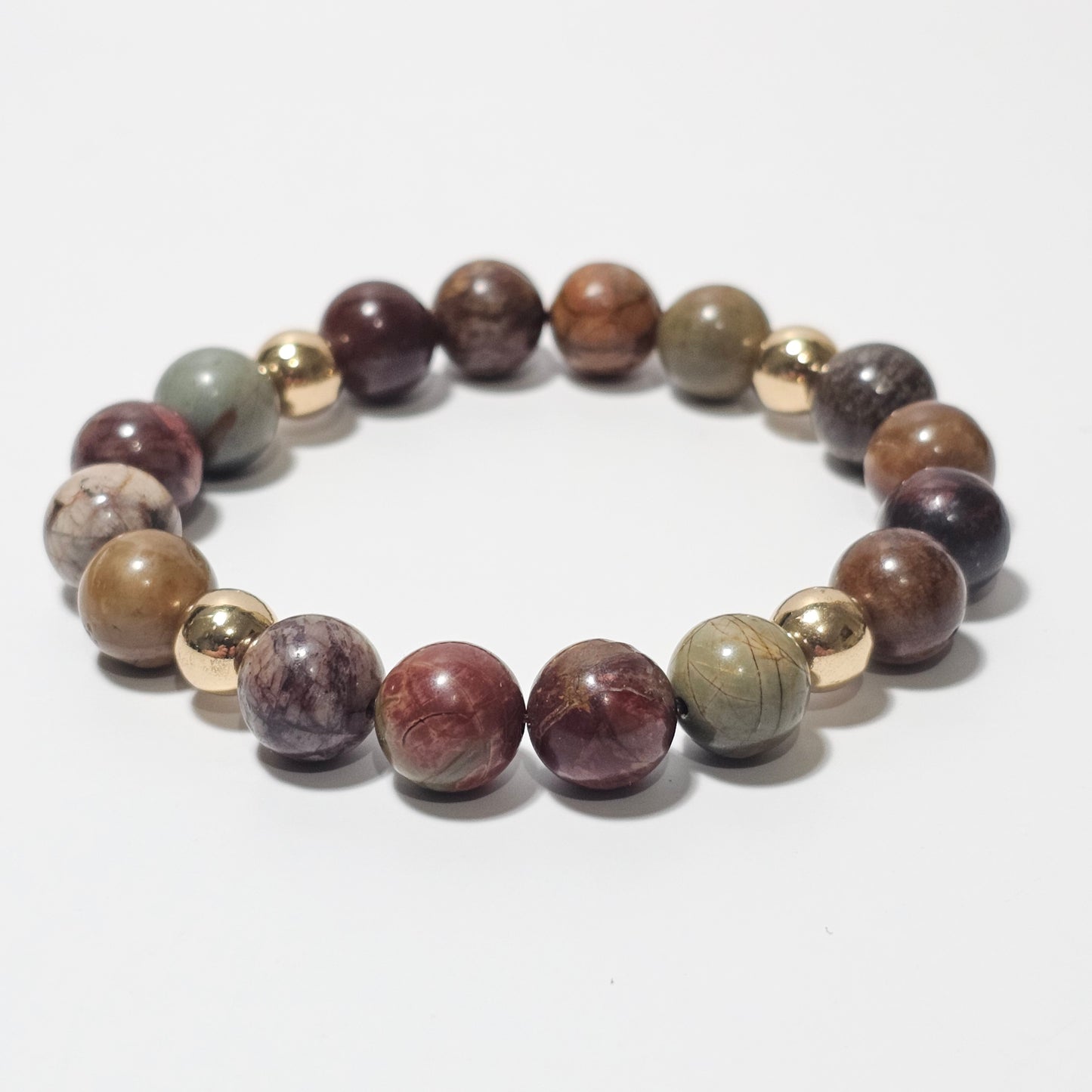 Earthy 10mm Picasso Jasper and gold plated Hematite bead stretch bracelet