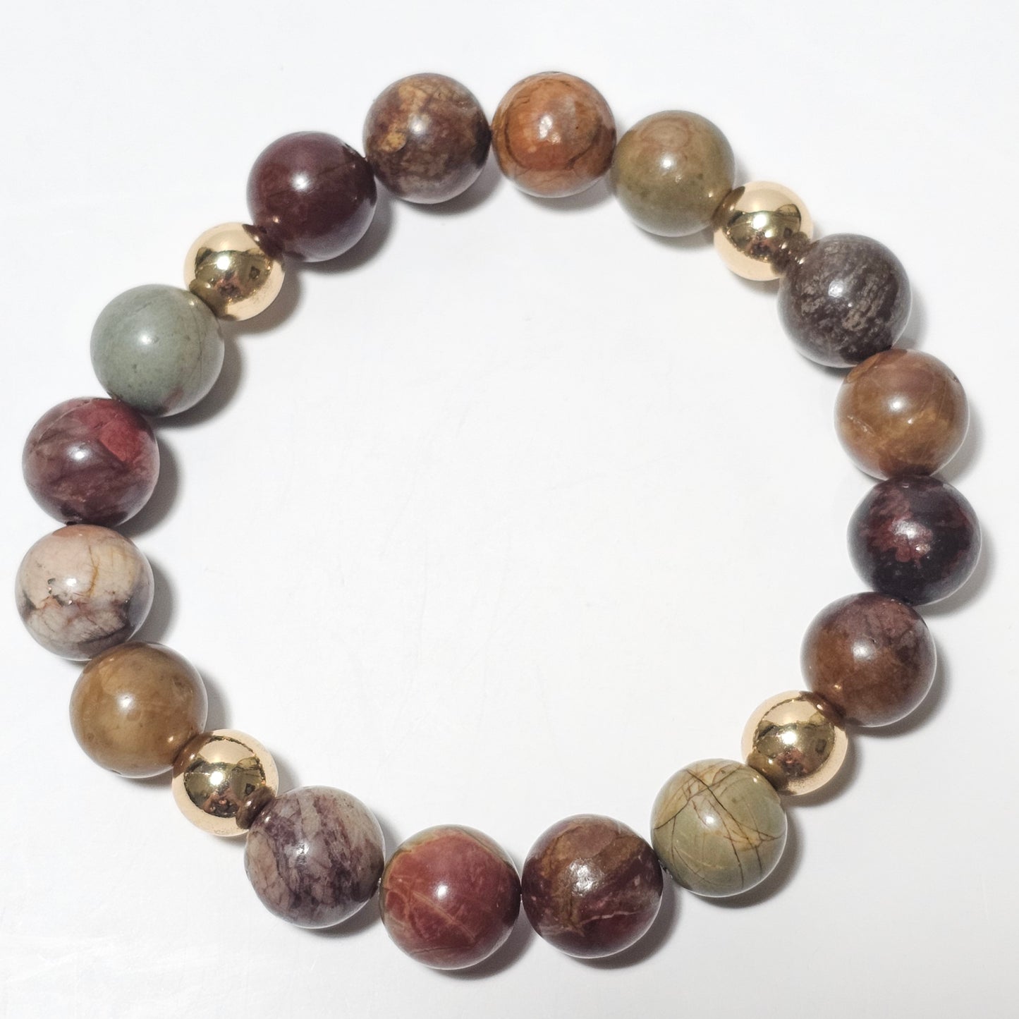 Earthy 10mm Picasso Jasper and gold plated Hematite bead stretch bracelet