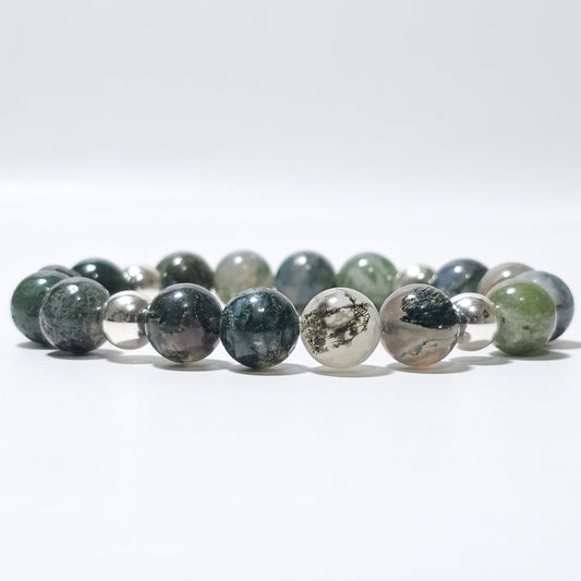 10mm Mesmerising Moss Agate and silver plated Hematite bead stretch bracelet.