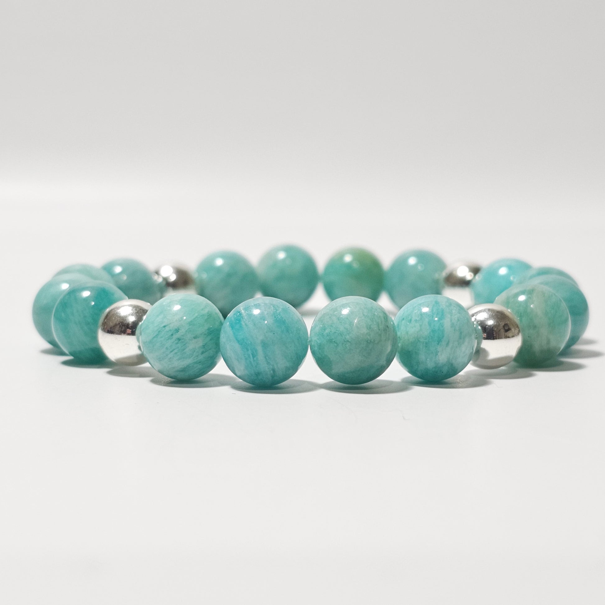 10mm Captivating Amazonite and silver plated Hematite bead stretch bracelet.