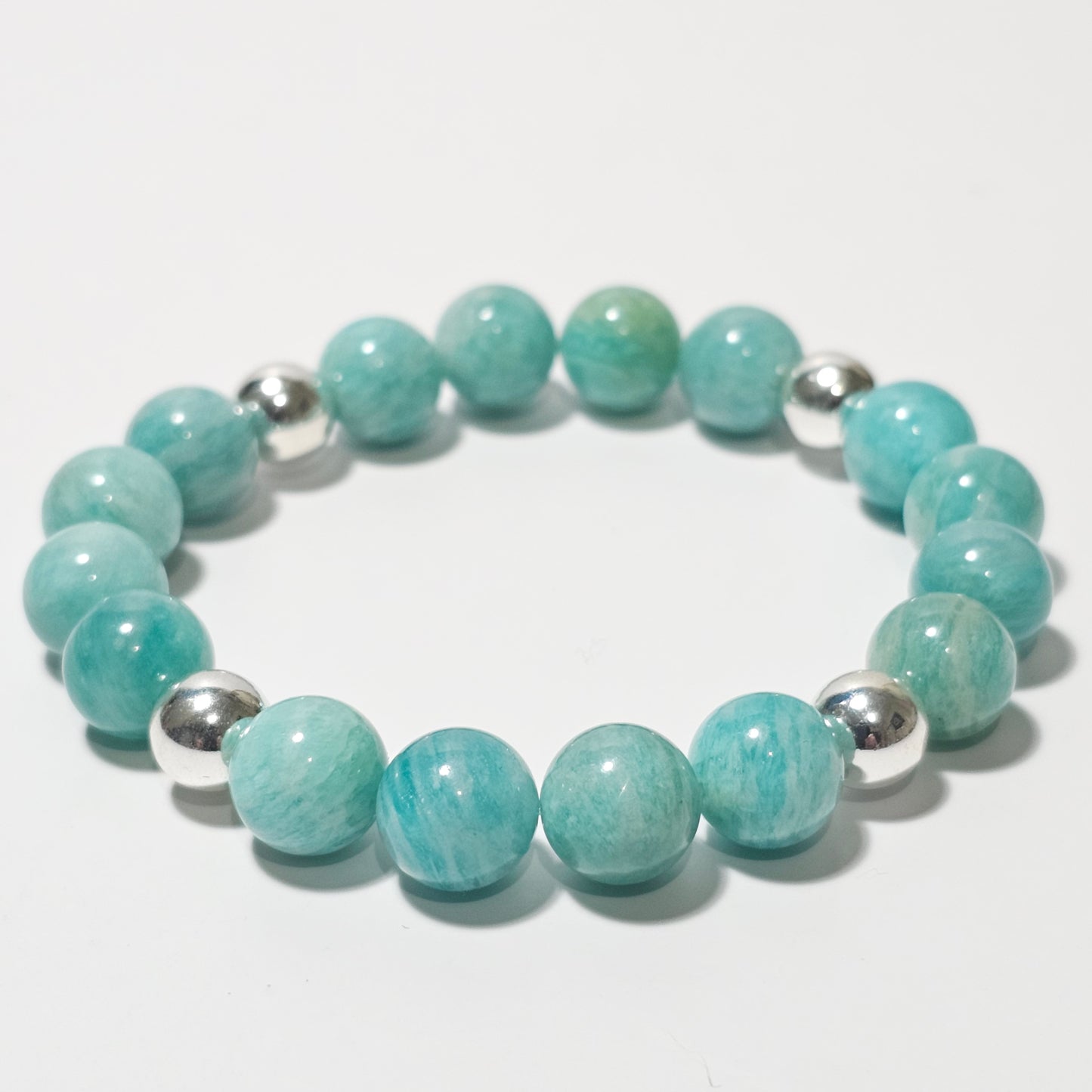 10mm Captivating Amazonite and silver plated Hematite bead stretch bracelet.