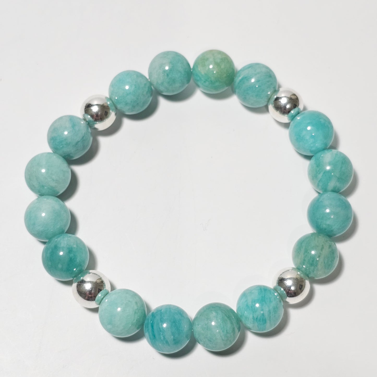 10mm Captivating Amazonite and silver plated Hematite bead stretch bracelet.