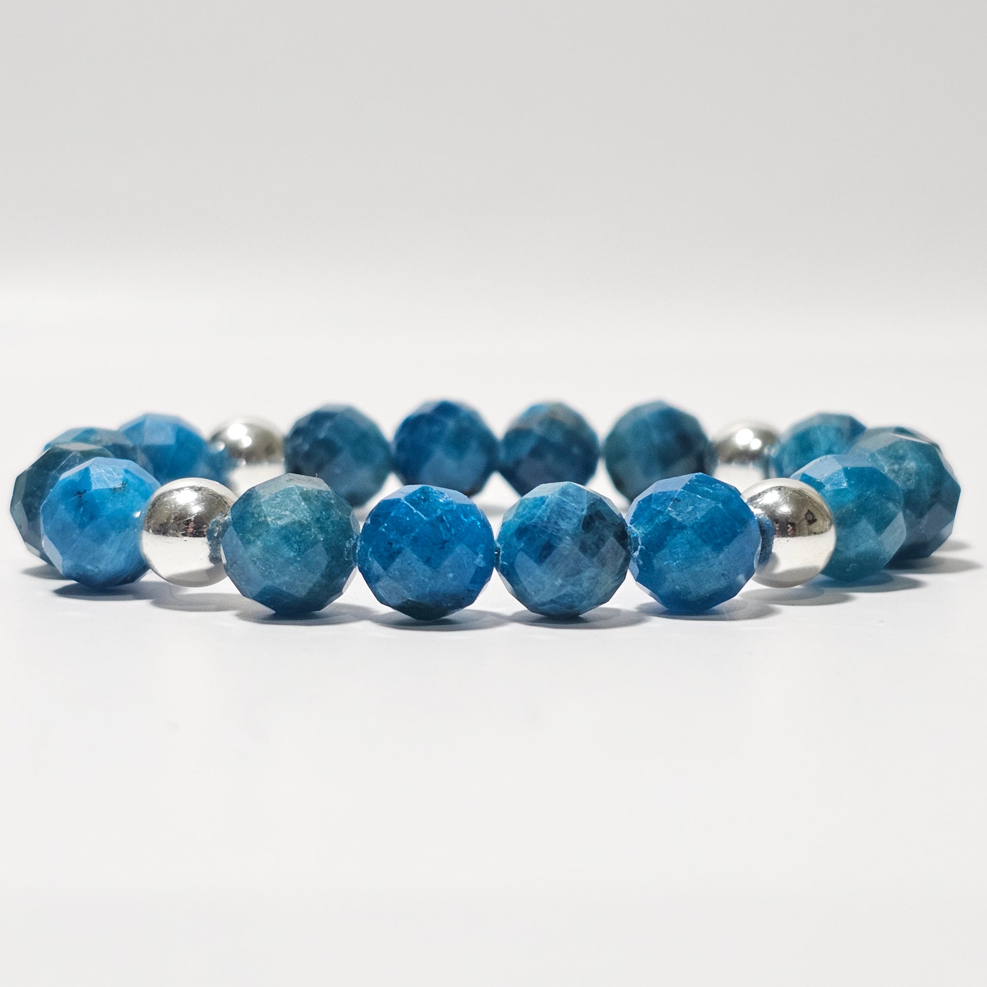 10mm Faceted Vibrant Blue Apatite and Silver Plated Hematite Bead Stretch Bracelet