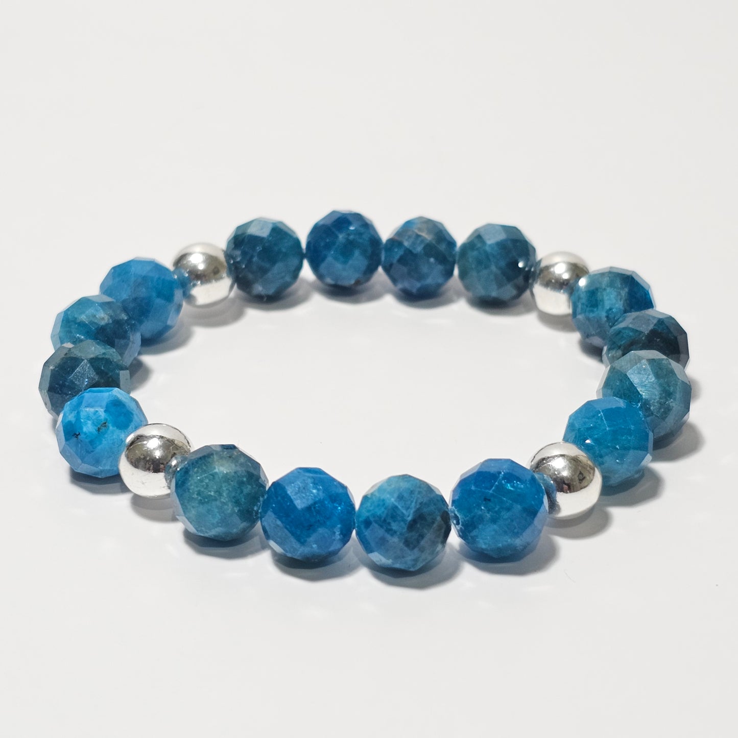 10mm Faceted Vibrant Blue Apatite and Silver Plated Hematite Bead Stretch Bracelet