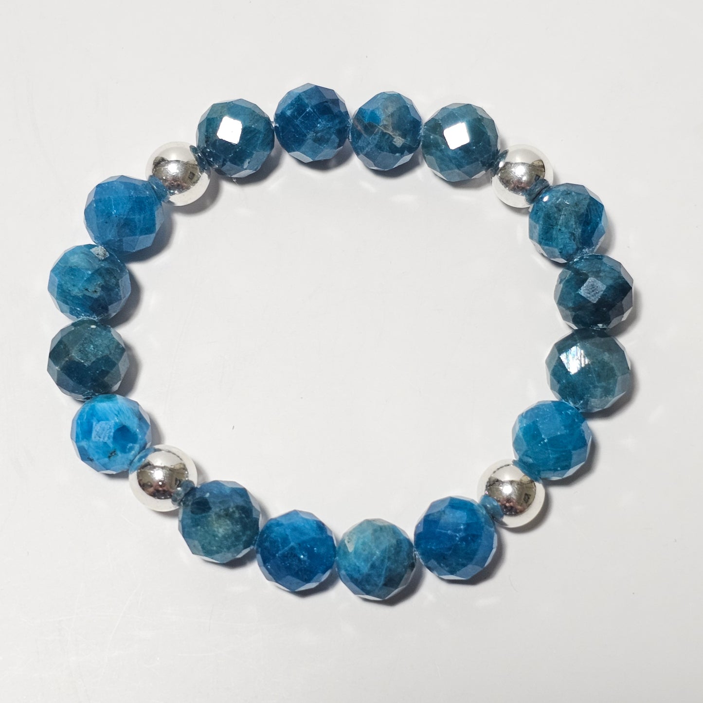 10mm Faceted Vibrant Blue Apatite and Silver Plated Hematite Bead Stretch Bracelet