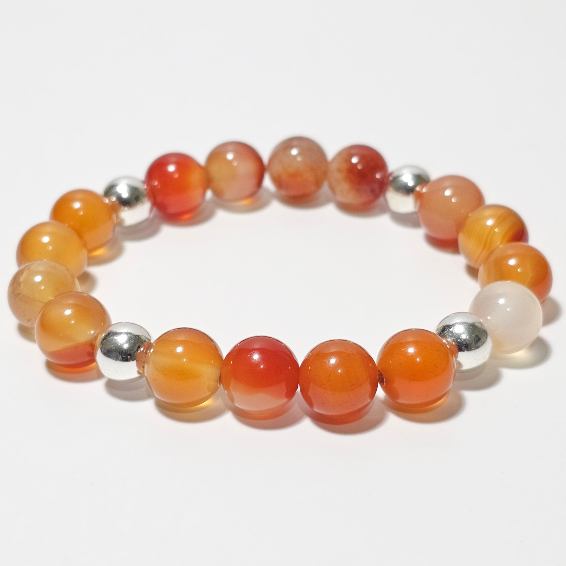 10mm Gorgeous A grade Carnelian and silver plated Hematite bead stretch bracelet.