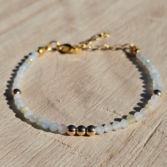 Delicate, faceted dainty Morganite and AAA grade gold plated Hematite bead bracelet with a gold stainless steel clasp and extender chain.