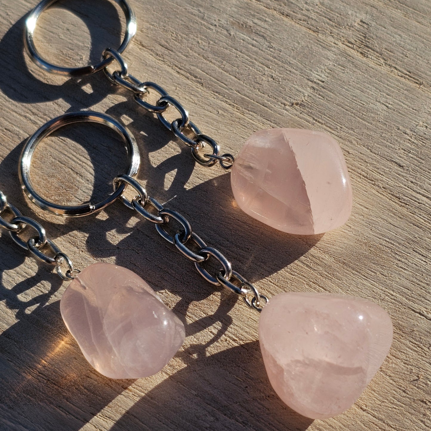 Polished Rose Quartz keychain.