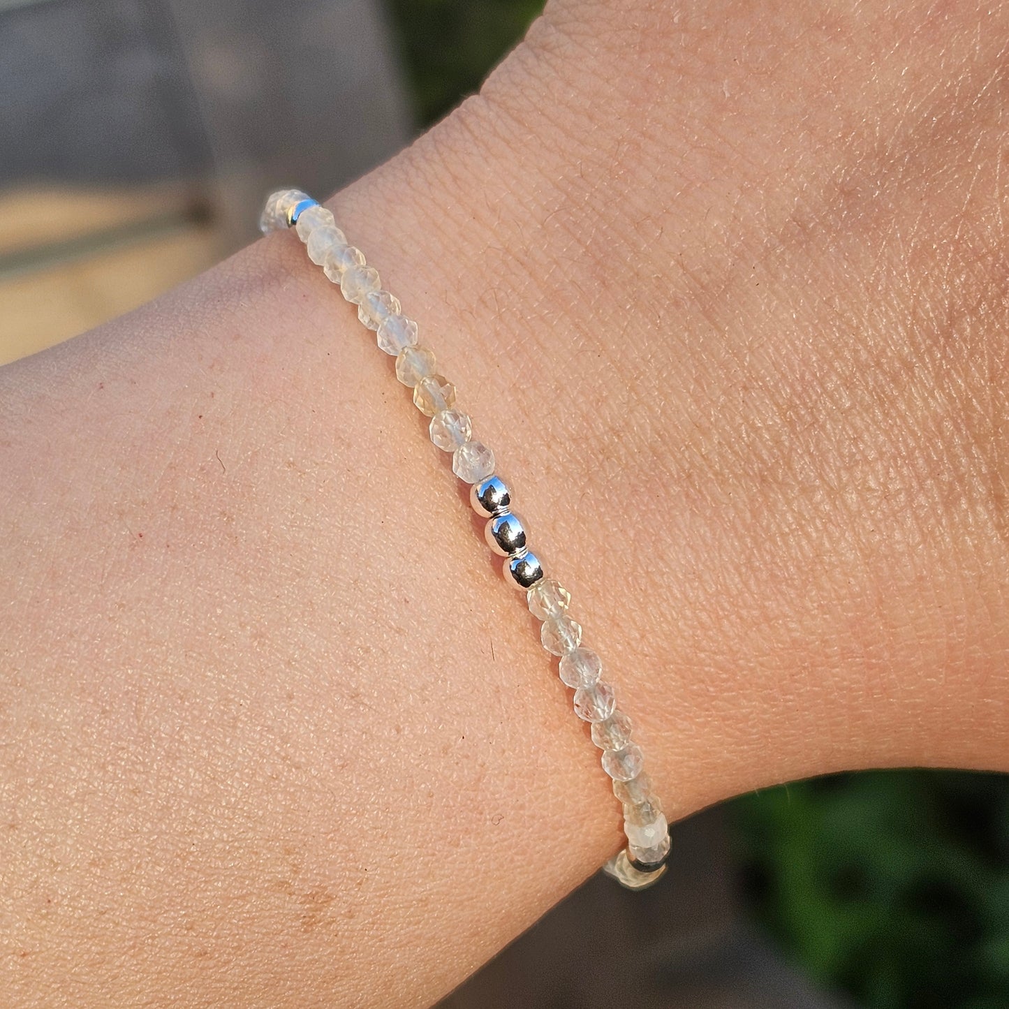 Delicate, faceted dainty Citrine and AAA grade silver plated Hematite bead bracelet with a silver stainless steel clasp and extender chain.