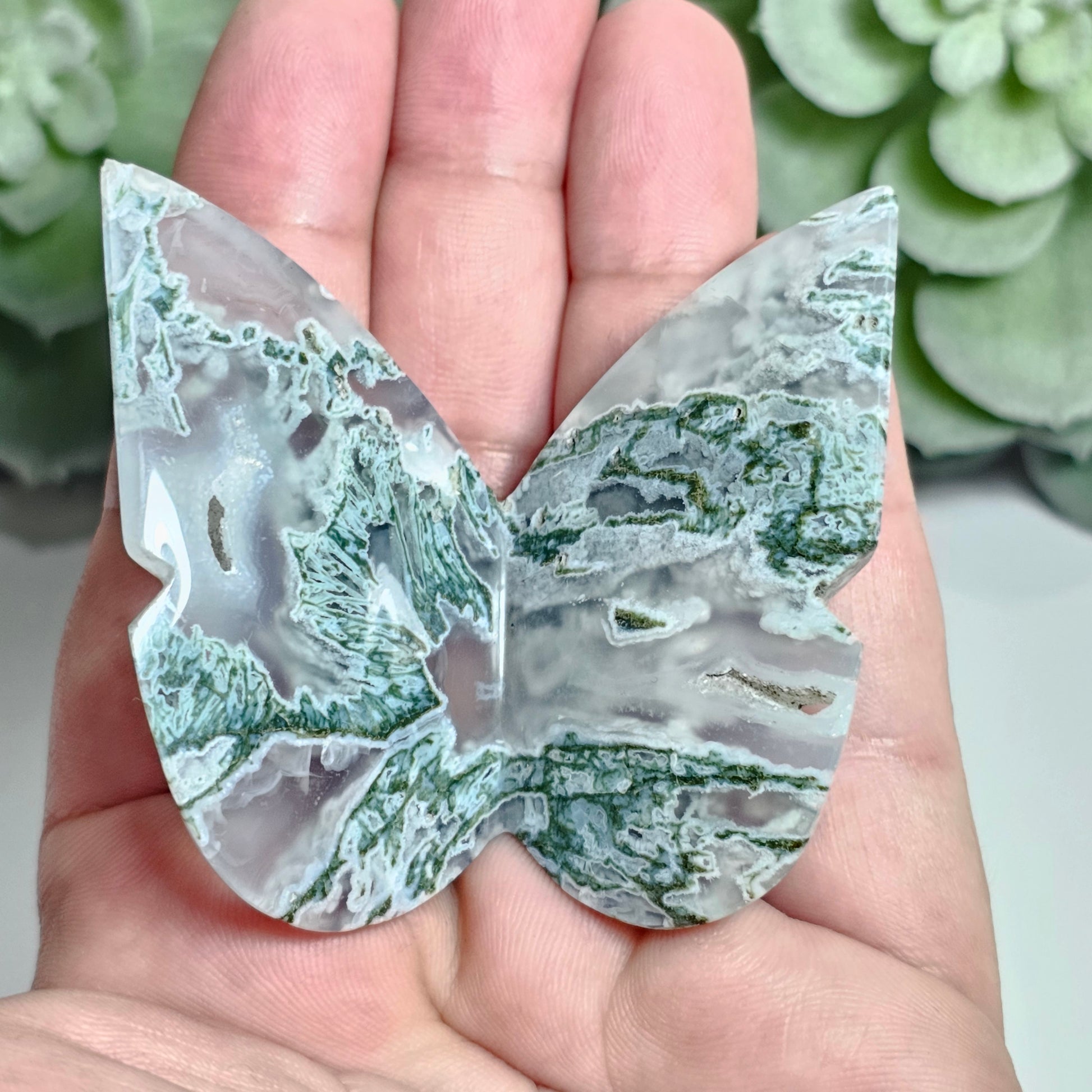 Beautiful Moss Agate butterfly carving.