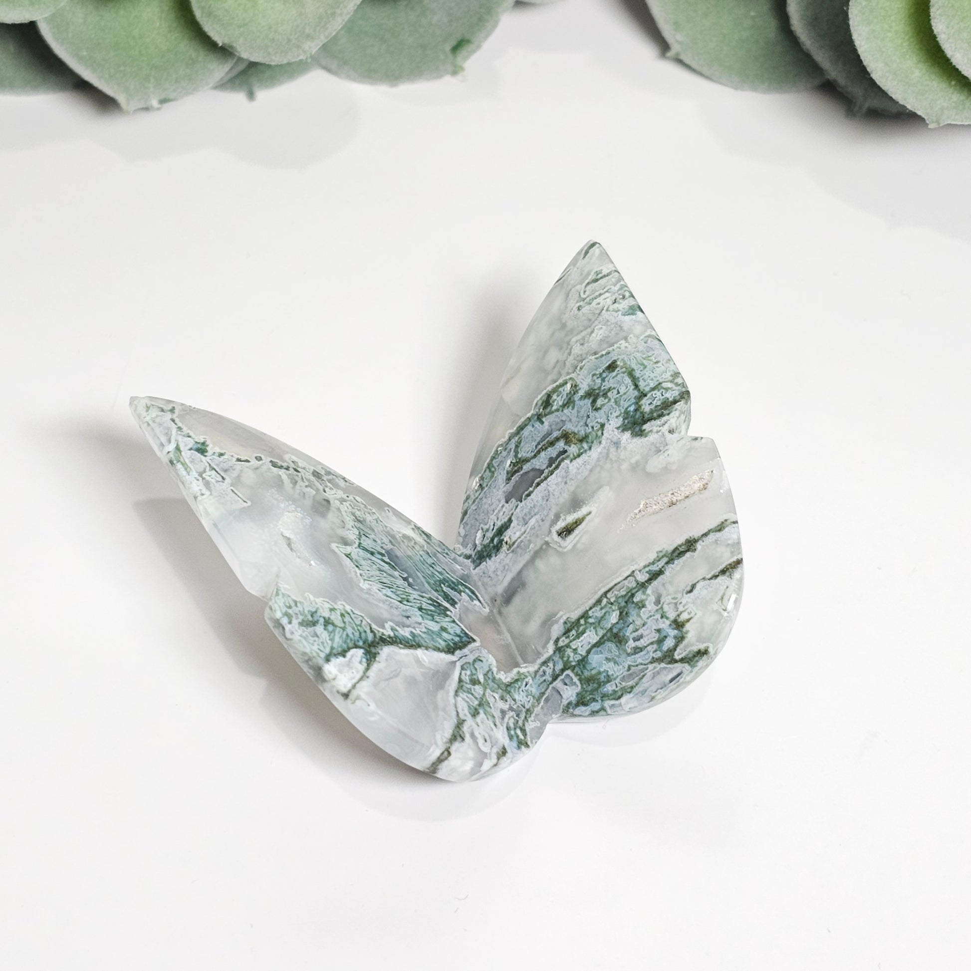 Beautiful Moss Agate butterfly carving.