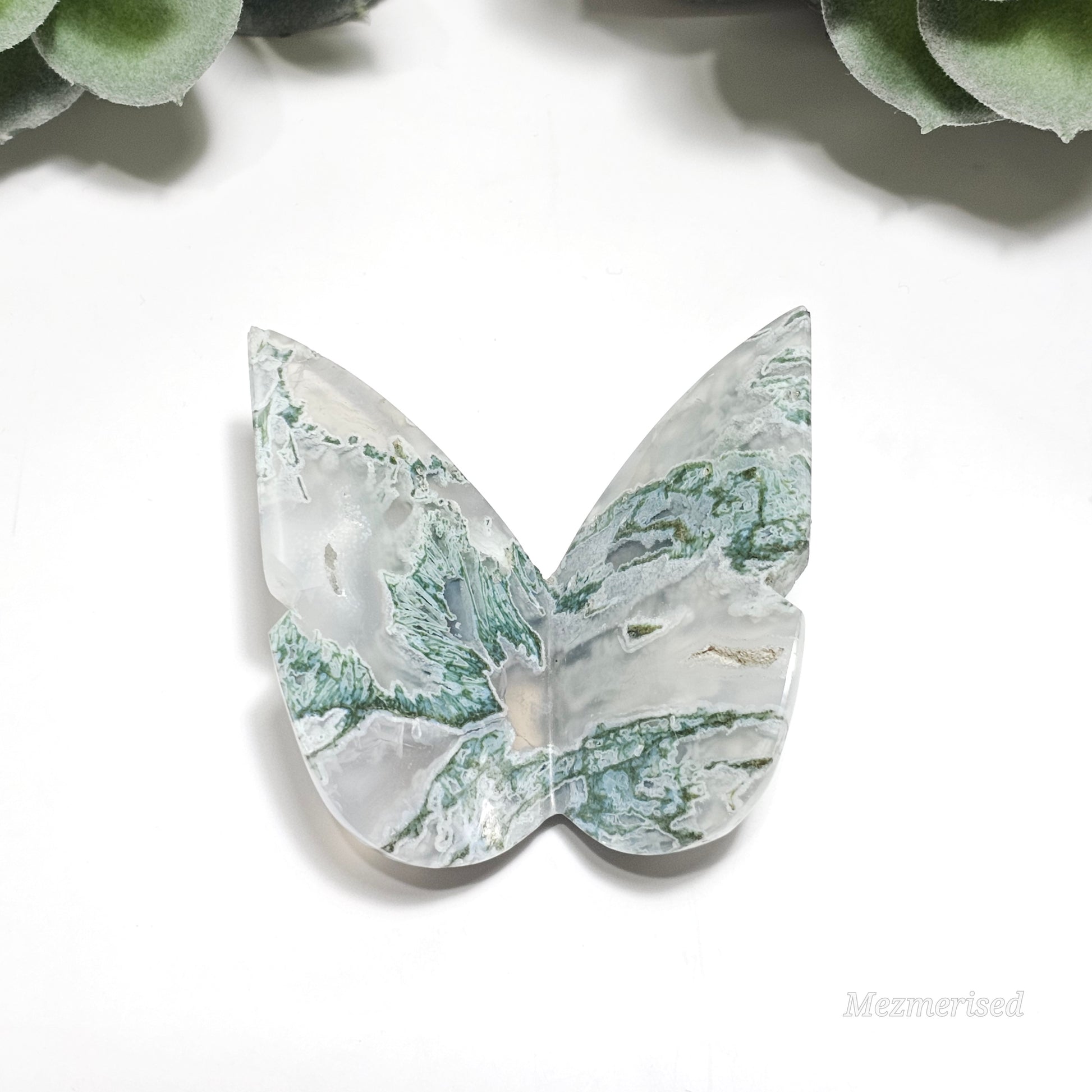 Beautiful Moss Agate butterfly carving.