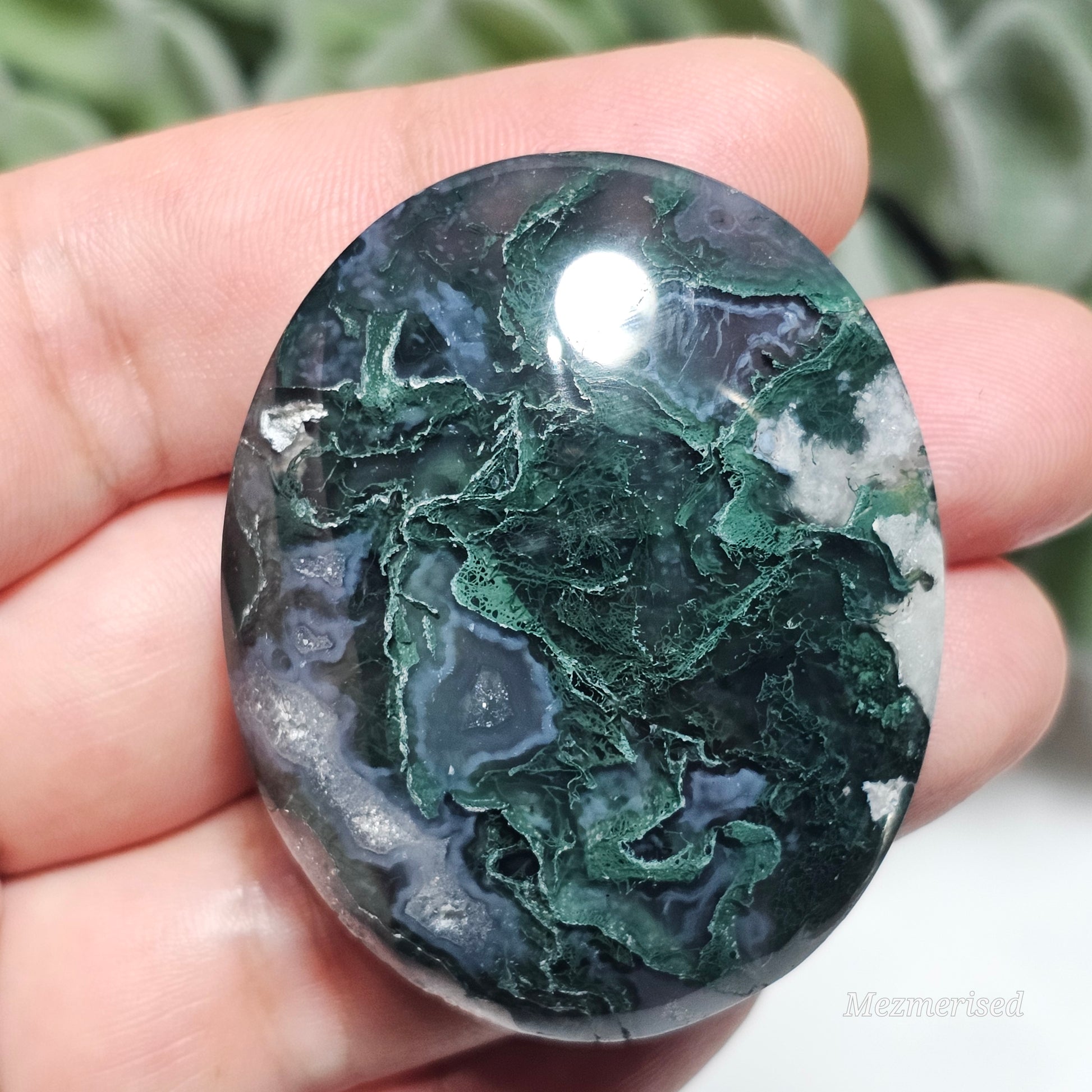 Petite Moss Agate palm stone from Indonesia