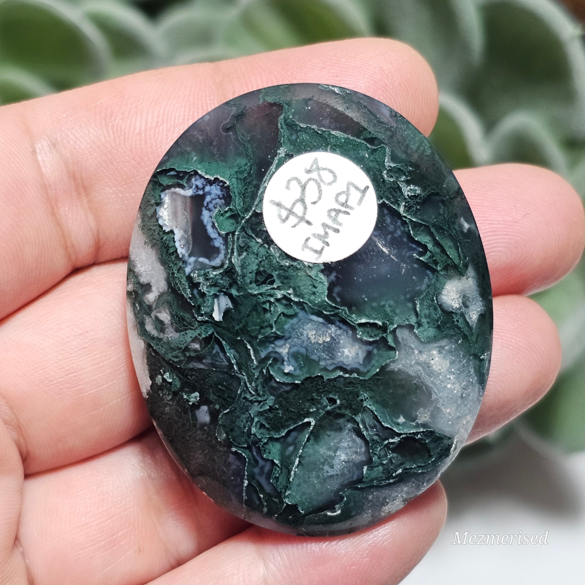 Petite Moss Agate palm stone from Indonesia