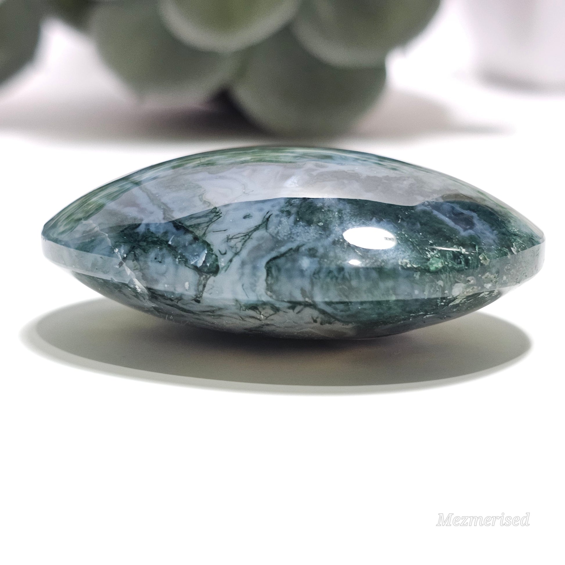 Artistically balanced Moss Agate and Chalcedony palm stone from Indonesia