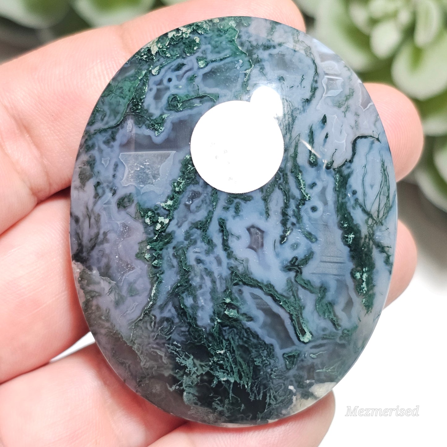 Artistically balanced Moss Agate and Chalcedony palm stone from Indonesia