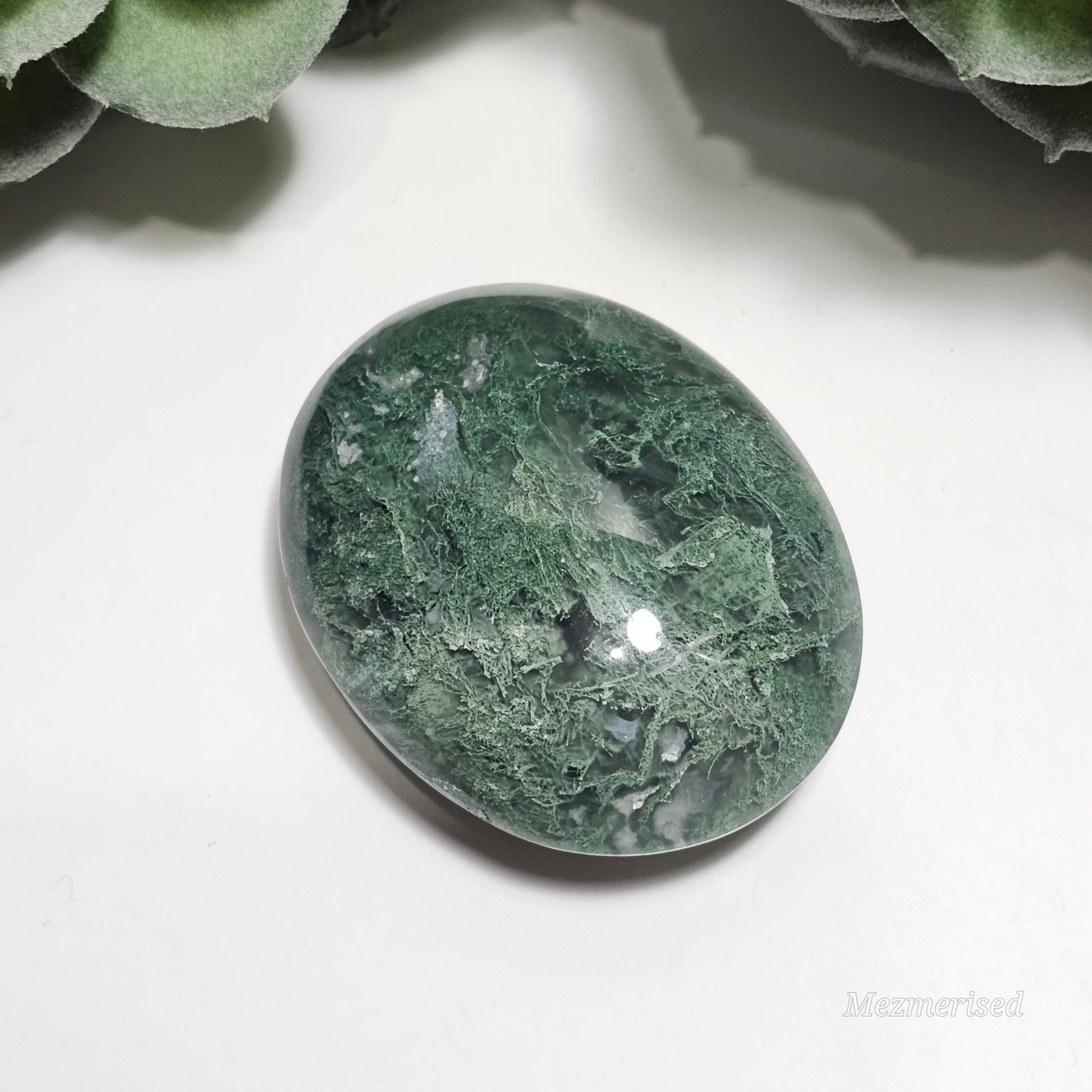 Stunning medium green Moss Agate palm stone from Indonesia