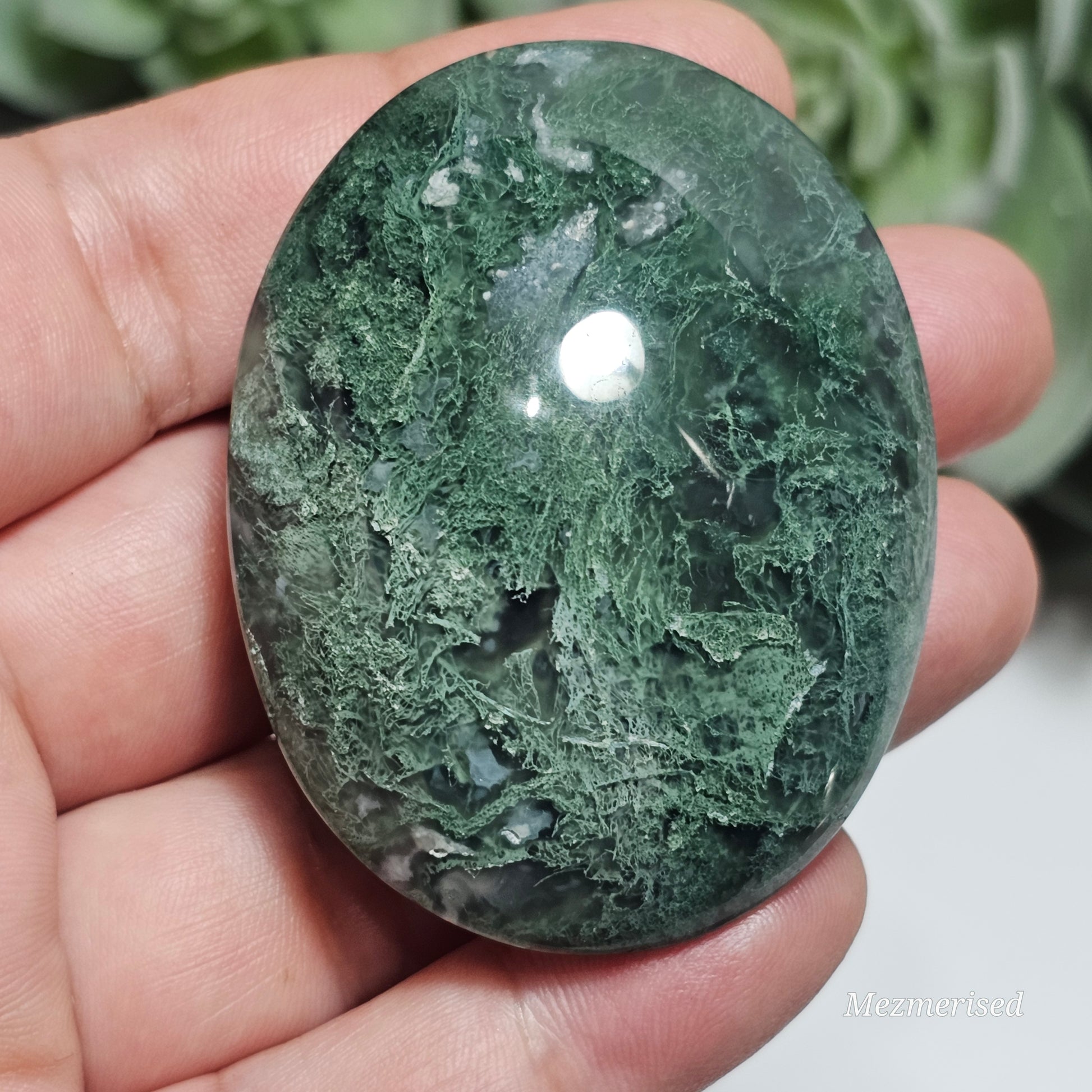 Stunning medium green Moss Agate palm stone from Indonesia