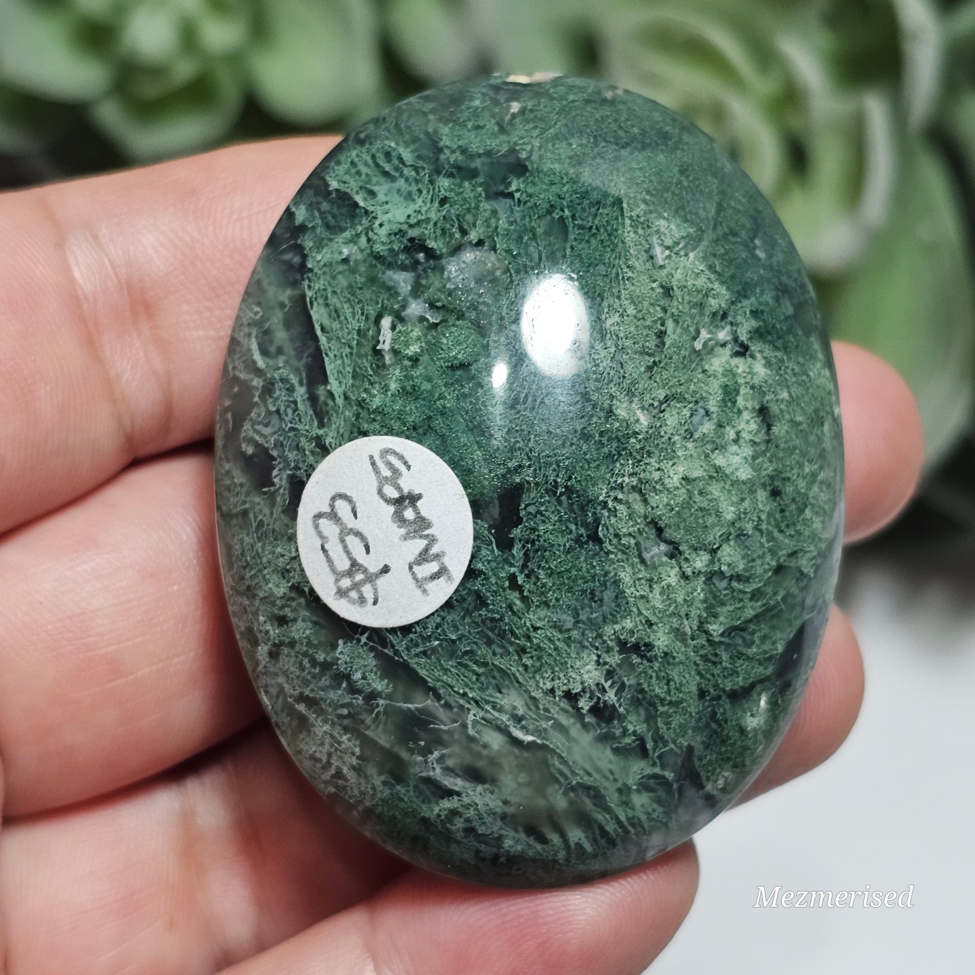 Stunning medium green Moss Agate palm stone from Indonesia