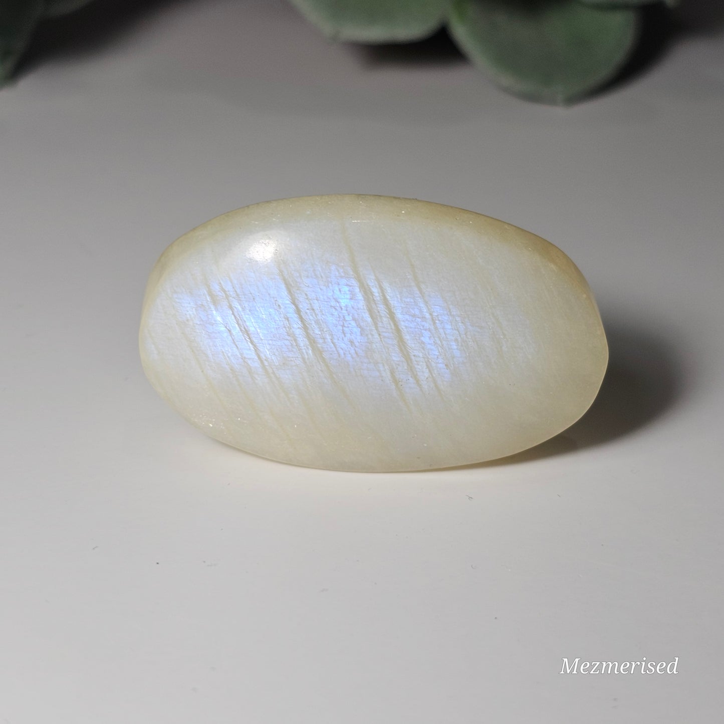 Small sized Rainbow Moonstone palm stone with a beautiful blue flash.