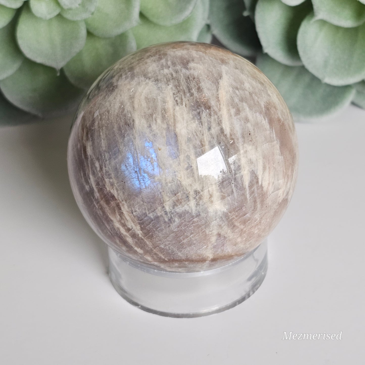 Gorgeous Rainbow Moonstone and Sunstone sphere with stunning blue flash.