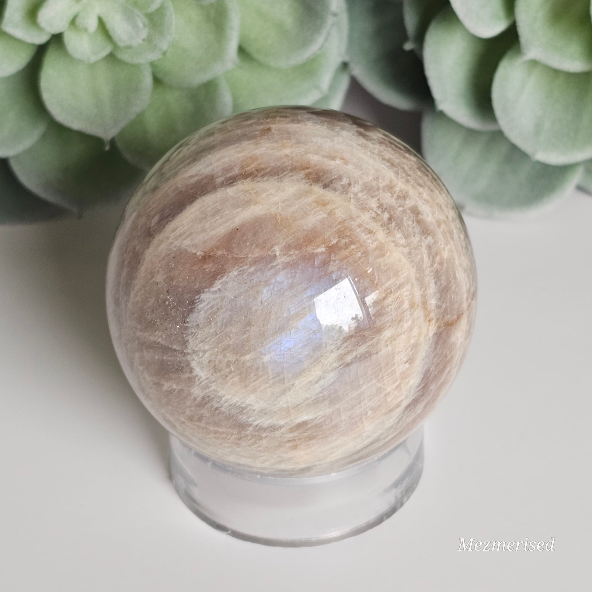 Gorgeous Rainbow Moonstone and Sunstone sphere with stunning blue flash.