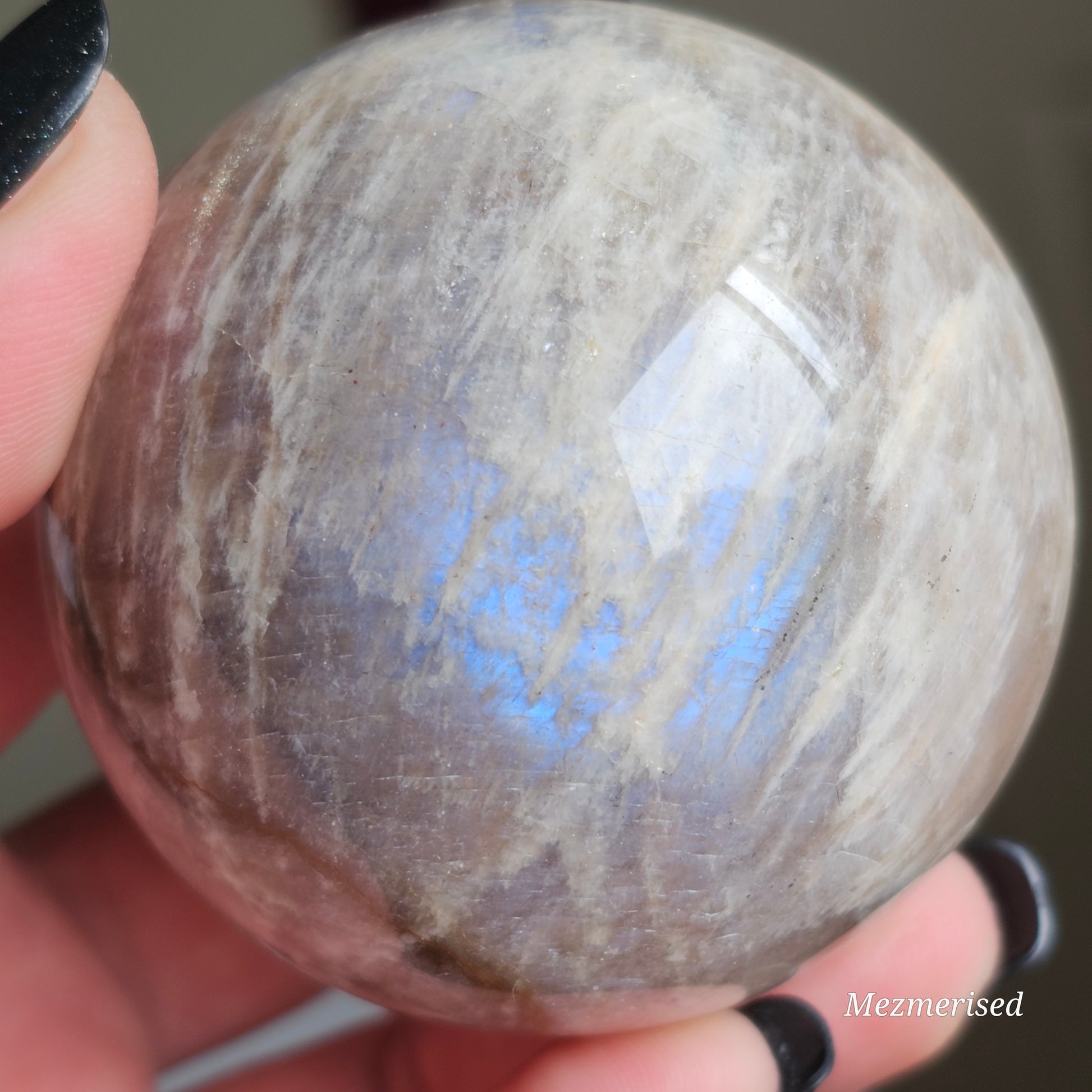 Gorgeous Rainbow Moonstone and Sunstone sphere with stunning blue flash.