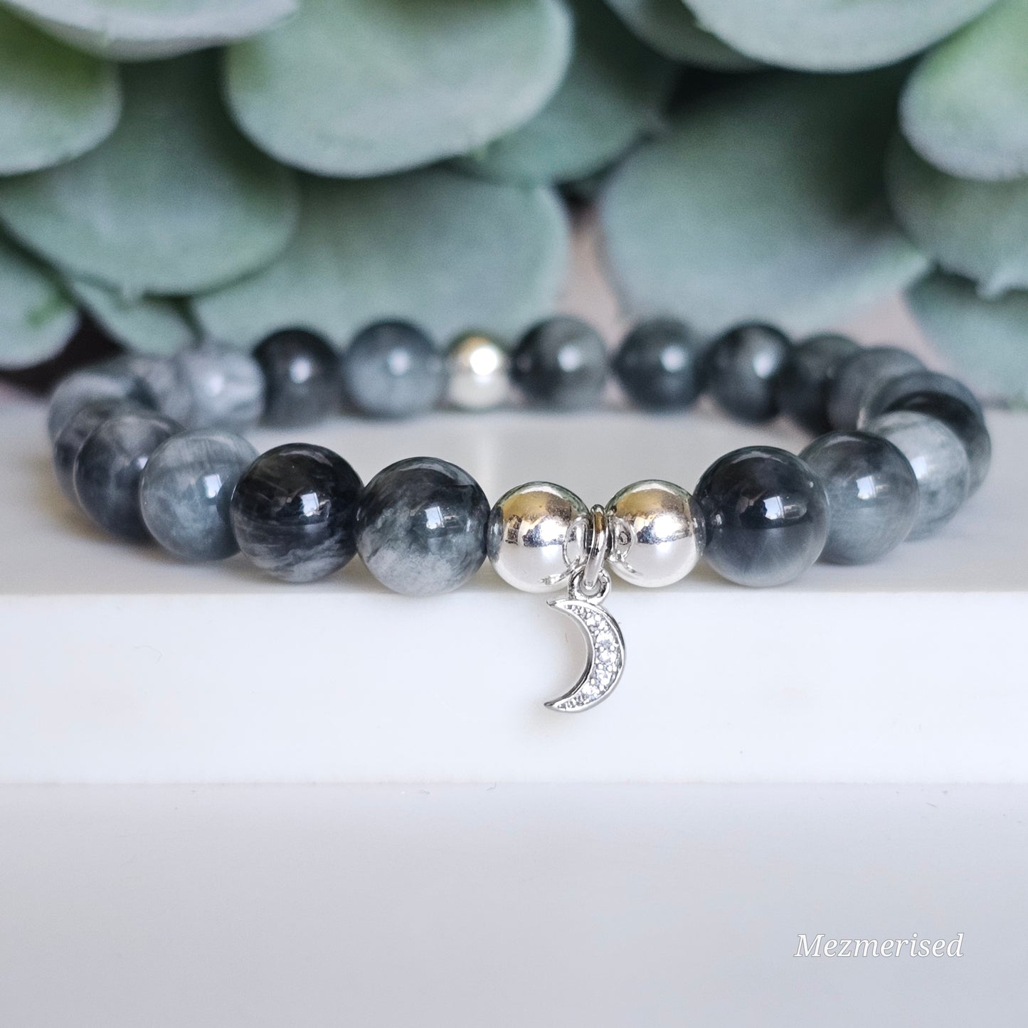 8mm Hawk's Eye and silver plated Hematite bead stretch bracelet with your choice of charm.