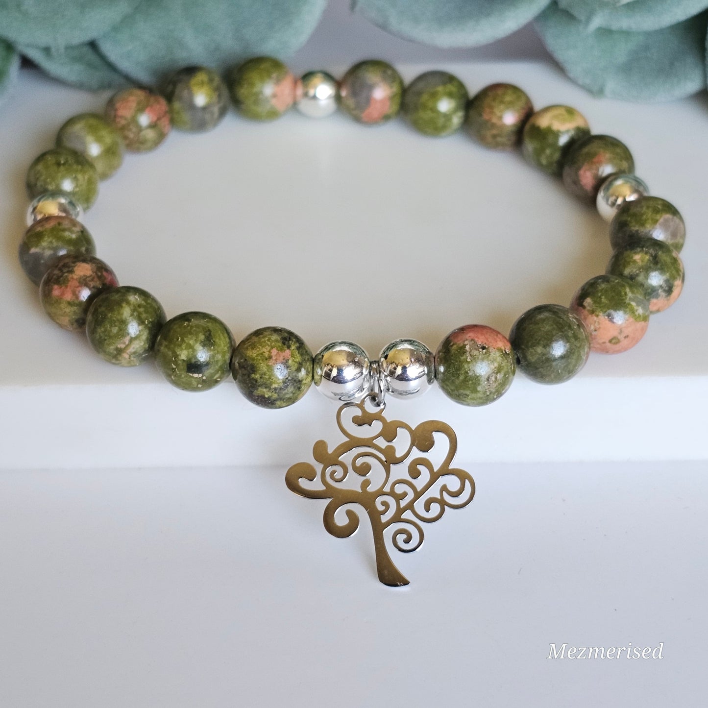 8mm Unakite and silver plated Hematite bead stretch bracelet with your choice of charm.