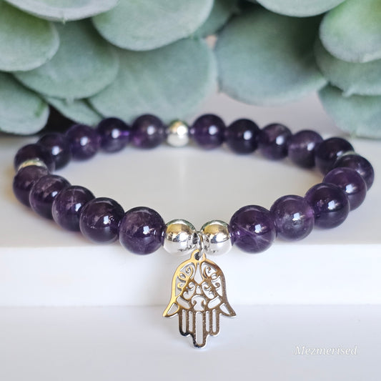 8mm Amethyst and silver plated Hematite bead stretch bracelet with your choice of charm.