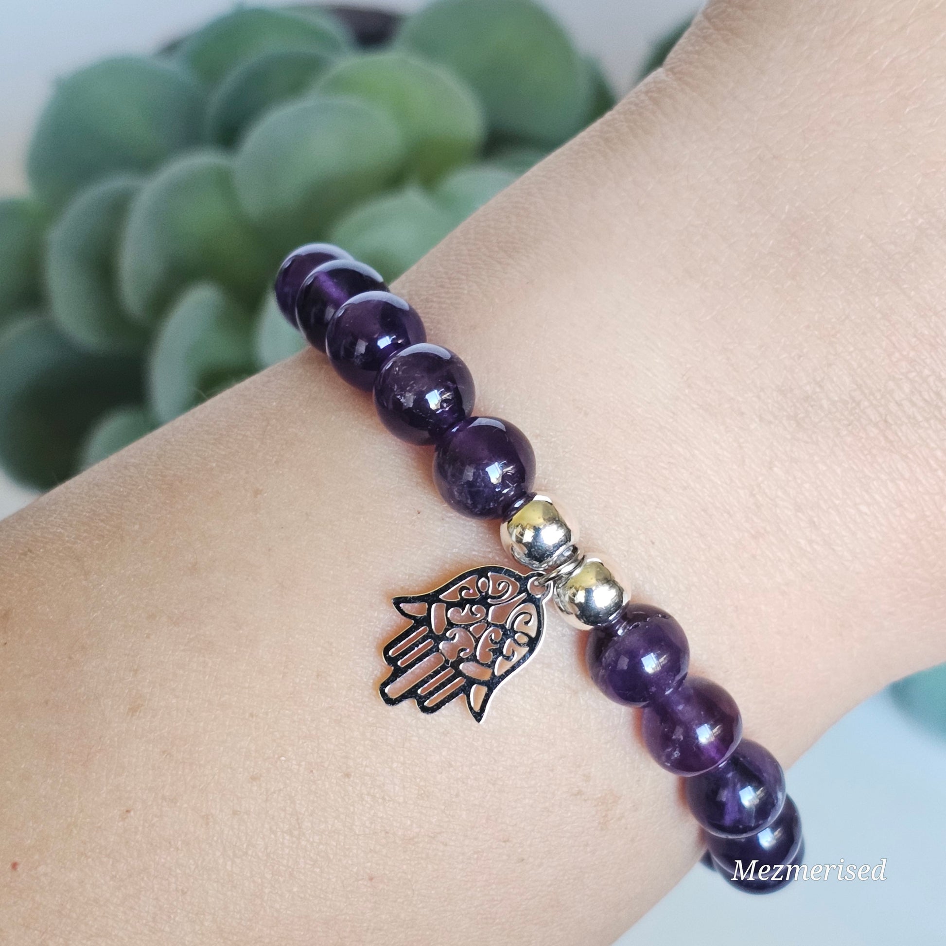 8mm Amethyst and silver plated Hematite bead stretch bracelet with your choice of charm.