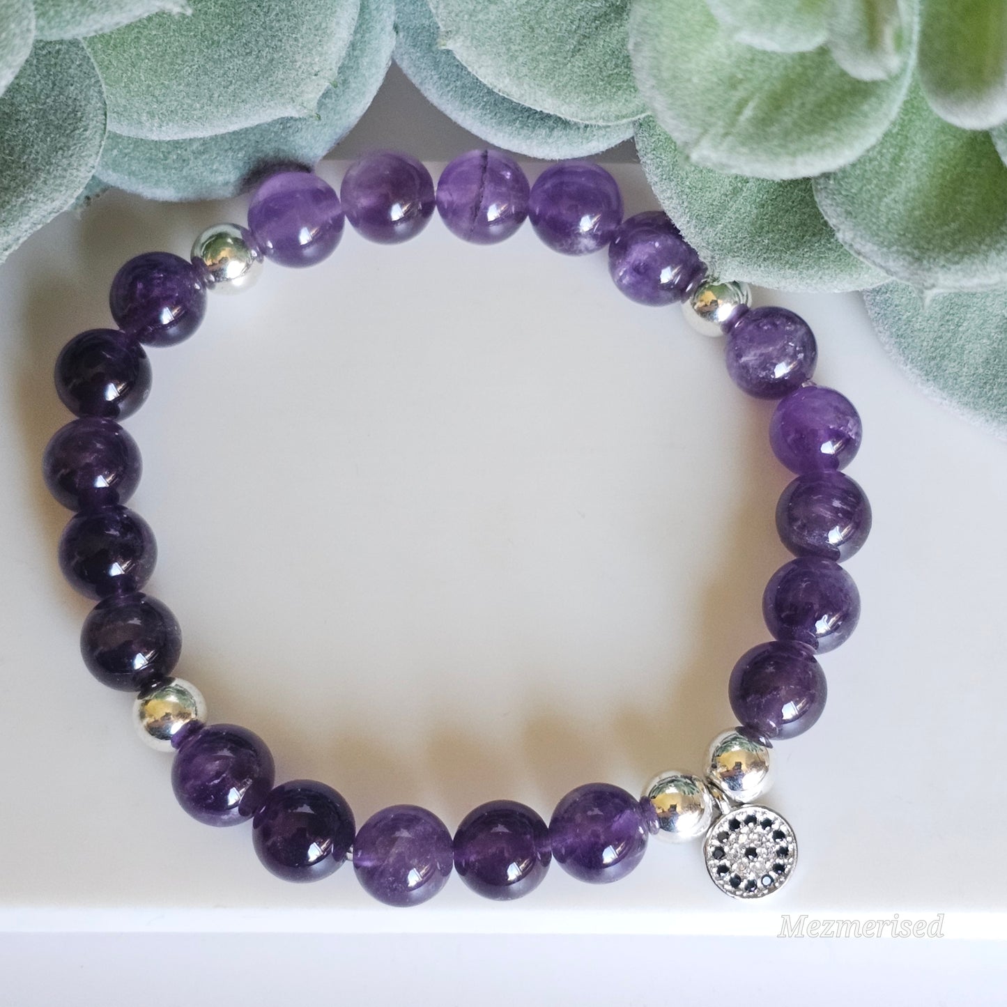 8mm Amethyst and silver plated Hematite bead stretch bracelet with your choice of charm.