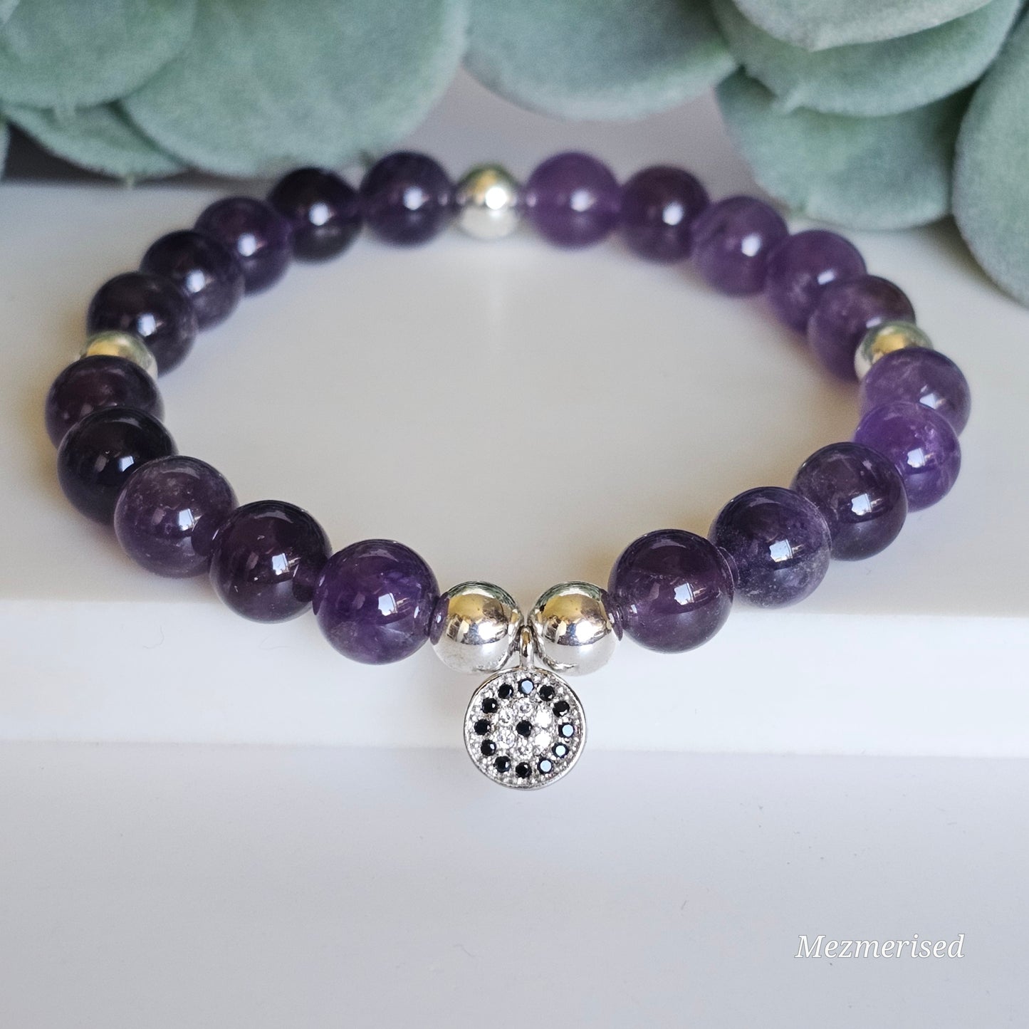 8mm Amethyst and silver plated Hematite bead stretch bracelet with your choice of charm.