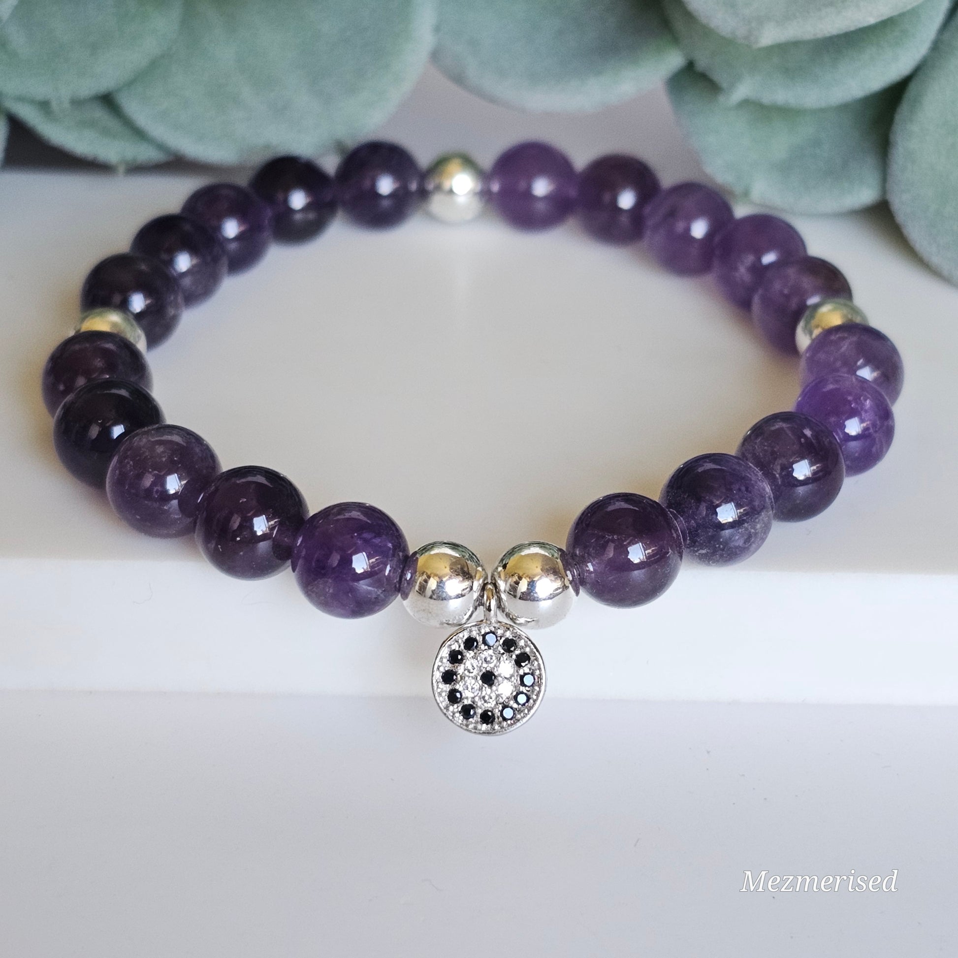 8mm Amethyst and silver plated Hematite bead stretch bracelet with your choice of charm.