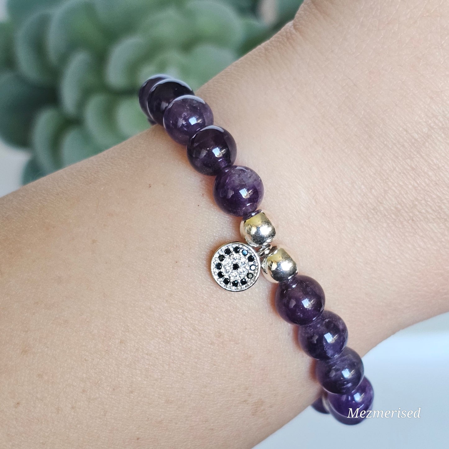 8mm Amethyst and silver plated Hematite bead stretch bracelet with your choice of charm.