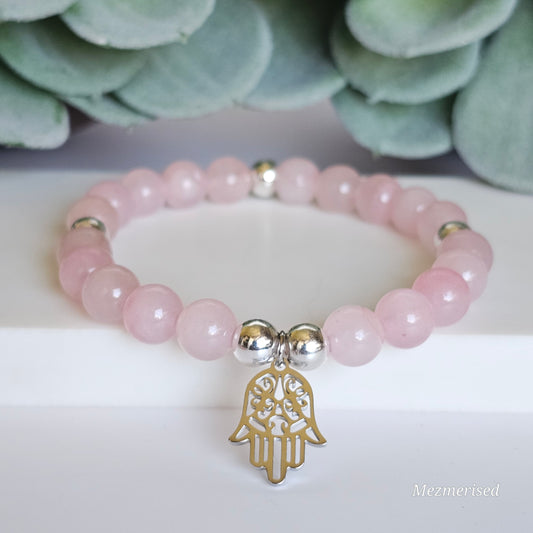 8mm Rose Quartz and silver plated Hematite bead stretch bracelet with your choice of charm.