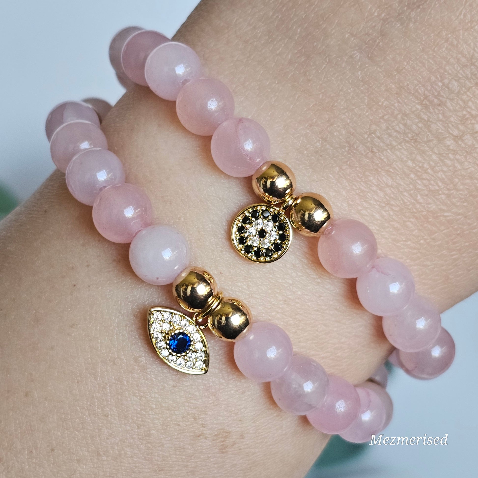 8mm Rose Quartz and gold plated Hematite bead stretch bracelet with your choice of charm.