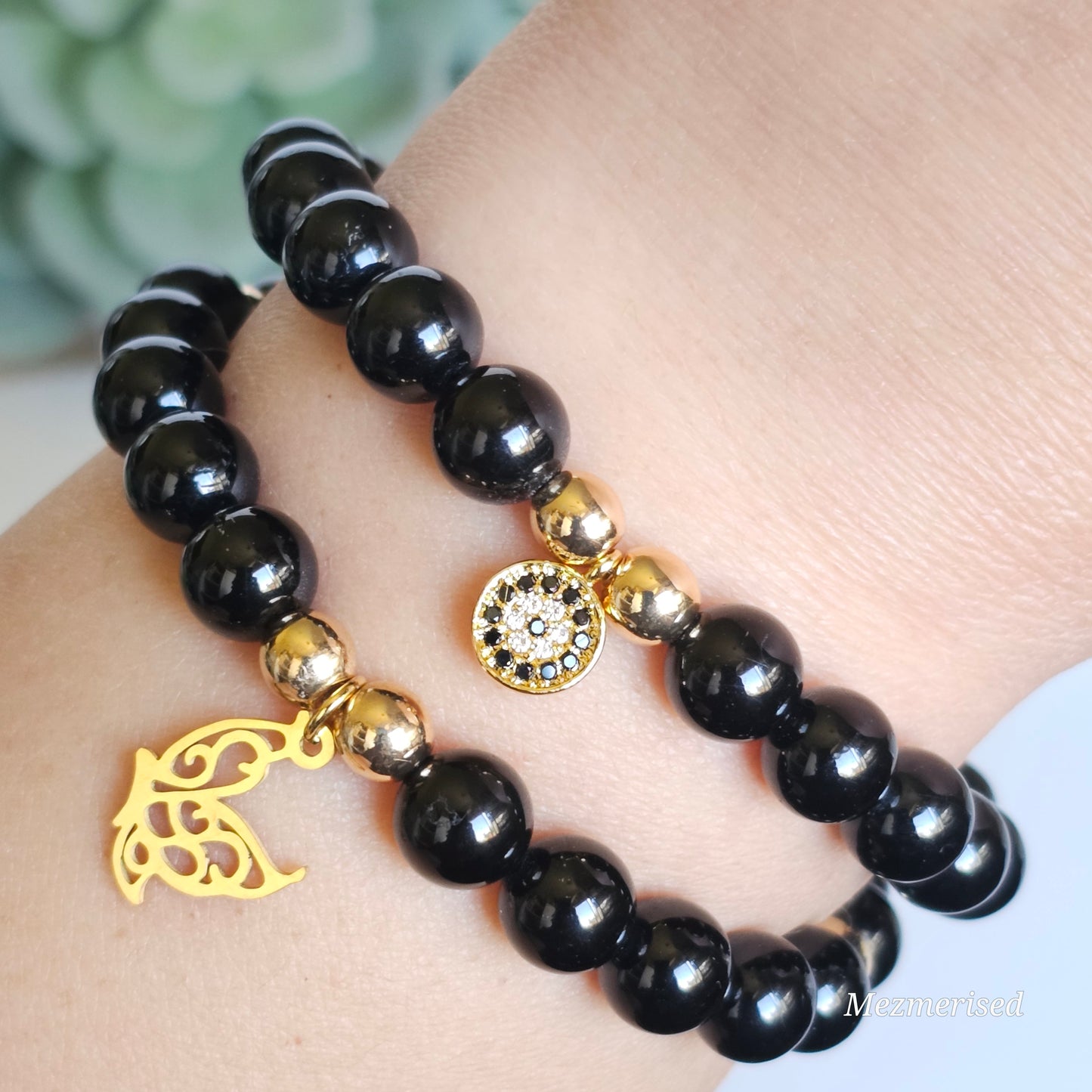 8mm A grade Black Tourmaline and gold plated Hematite bead stretch bracelet with your choice of charm.