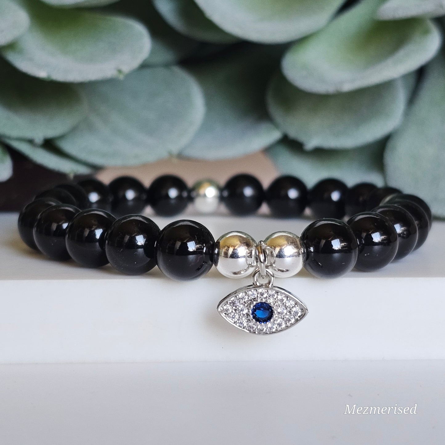 8mm A grade Black Tourmaline and silver plated Hematite bead stretch bracelet with your choice of charm.