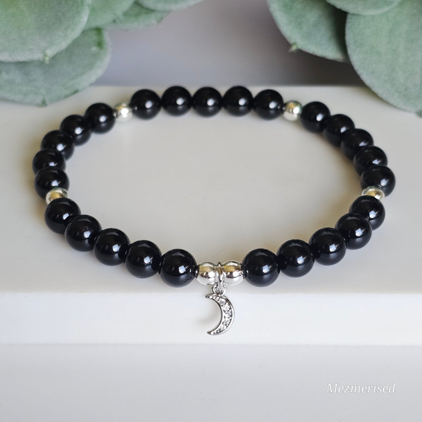 6mm A grade Black Tourmaline and silver plated Hematite bead stretch bracelet with your choice of charm.