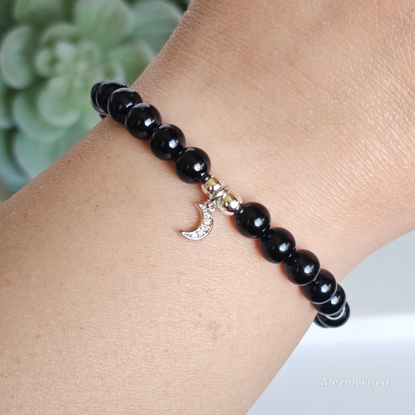 6mm A grade Black Tourmaline and silver plated Hematite bead stretch bracelet with your choice of charm.