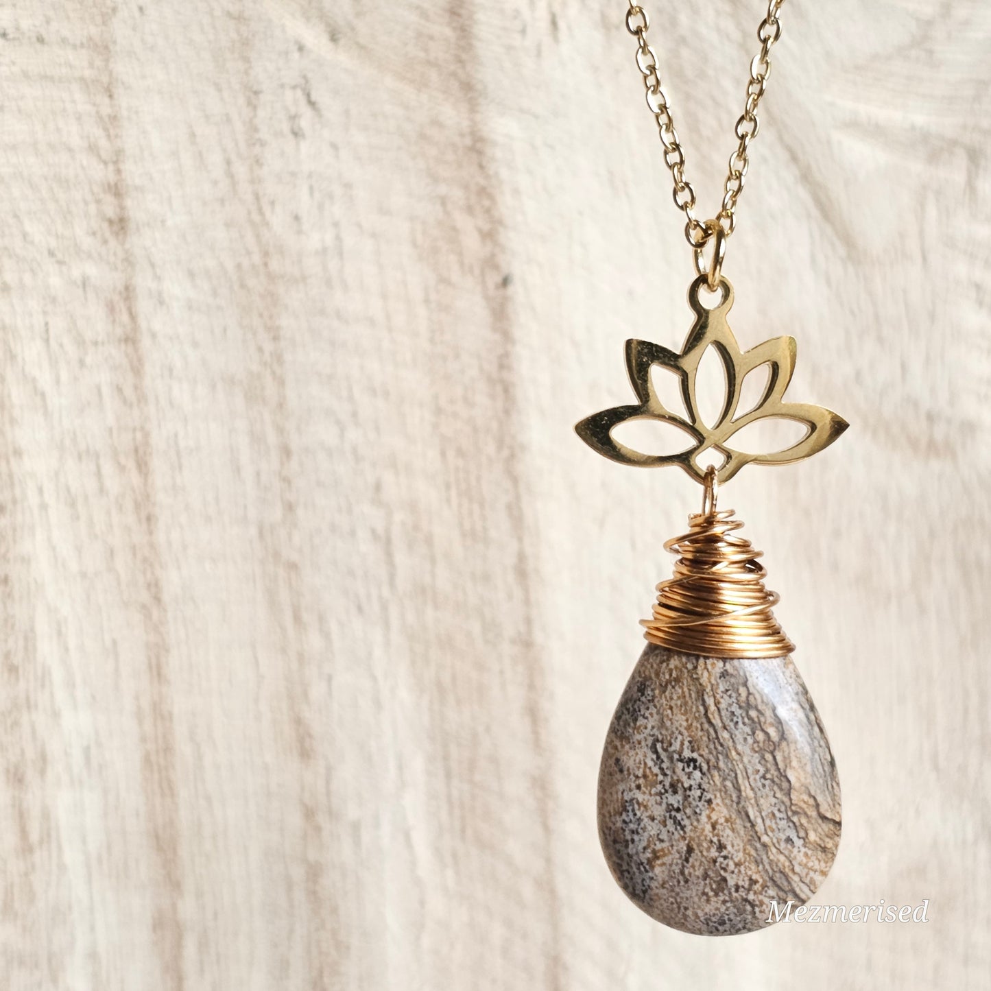 Picture Jasper Gold Lotus Necklace