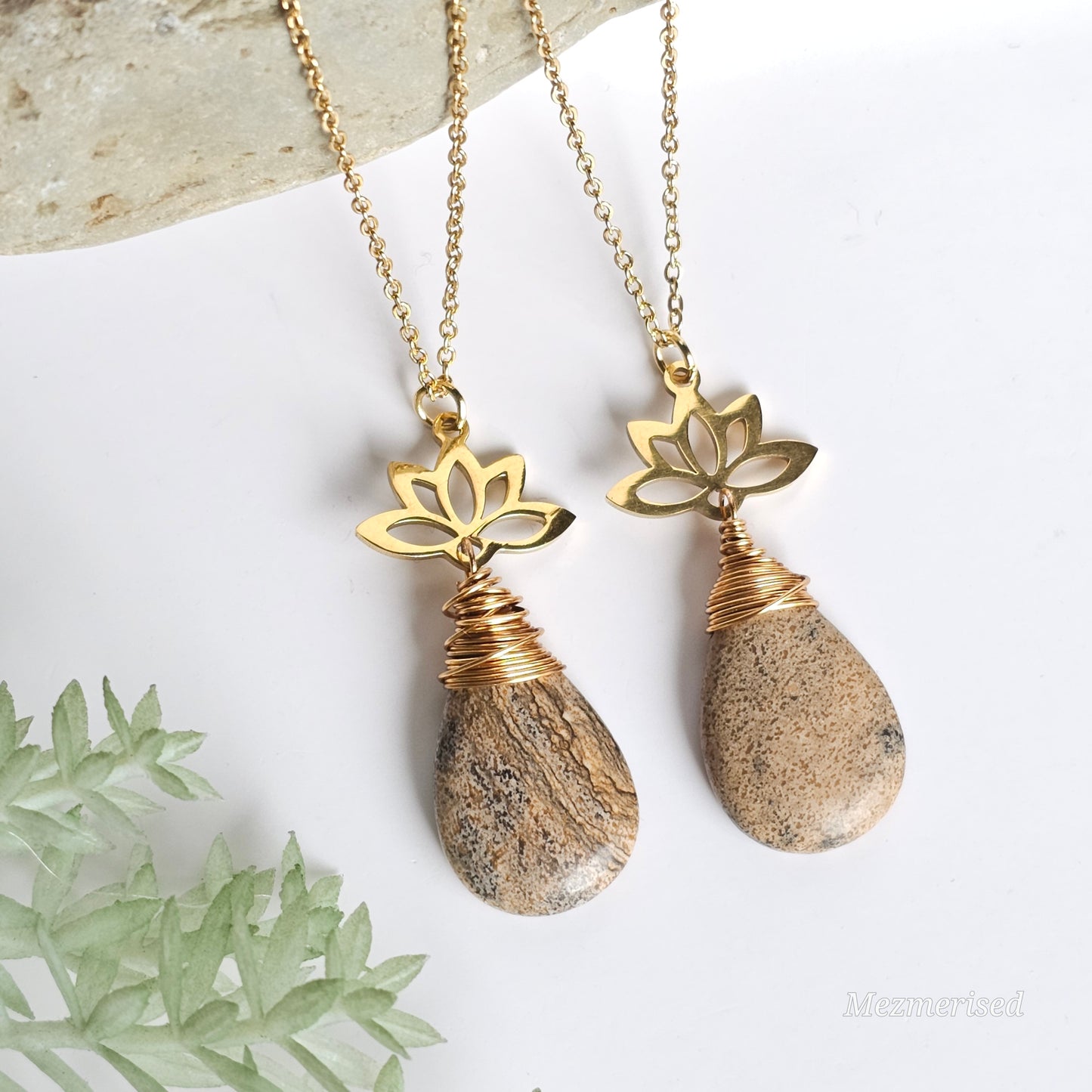 Picture Jasper Gold Lotus Necklace