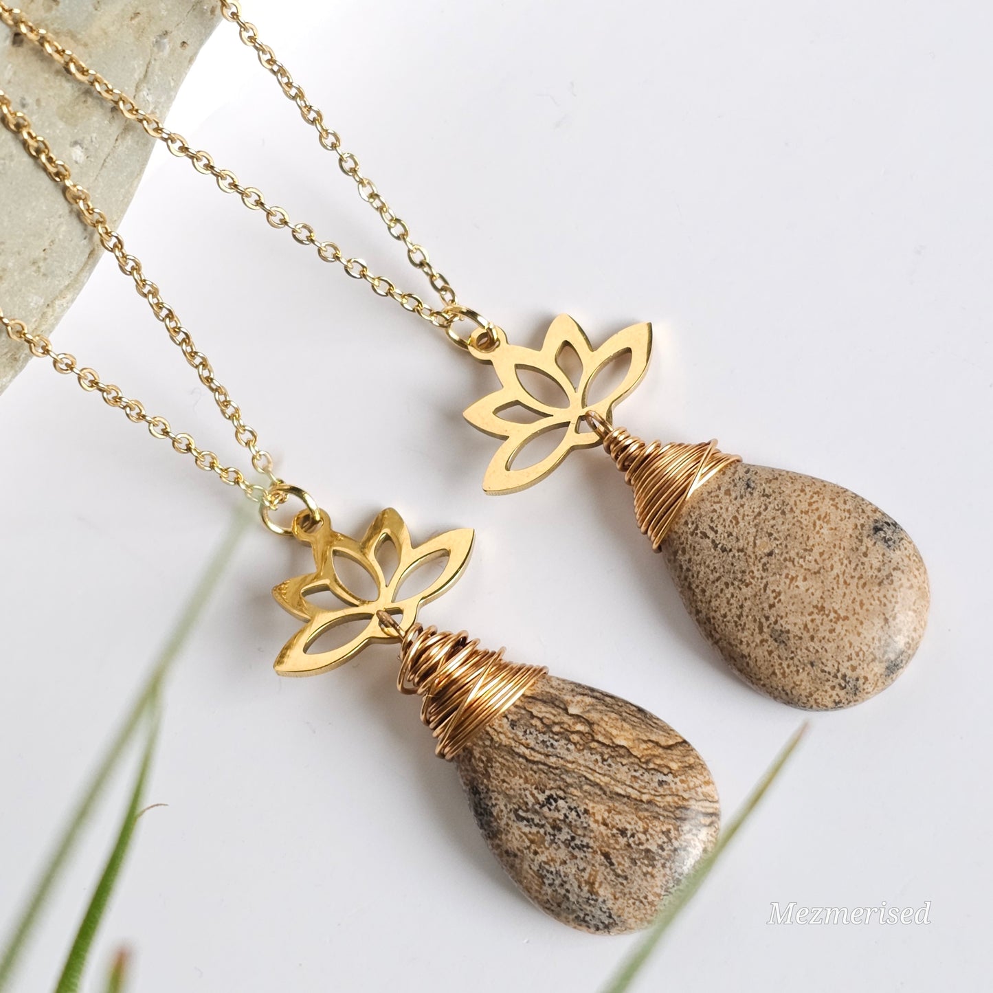 Picture Jasper Gold Lotus Necklace