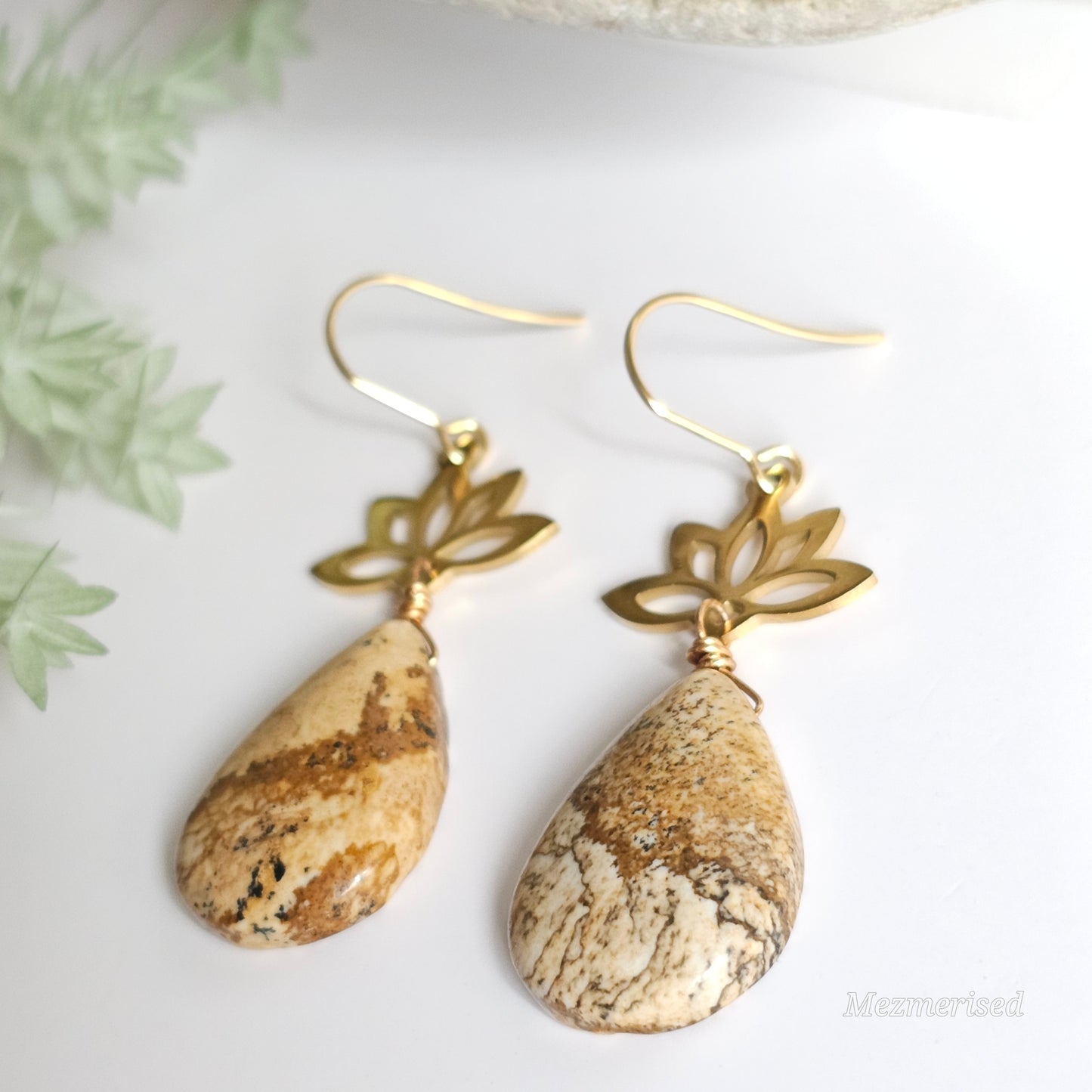 Picture Jasper Gold Lotus Earrings