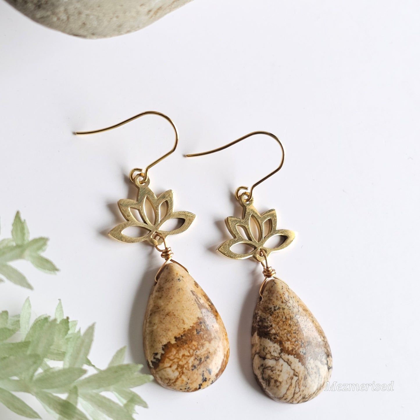 Picture Jasper Gold Lotus Earrings